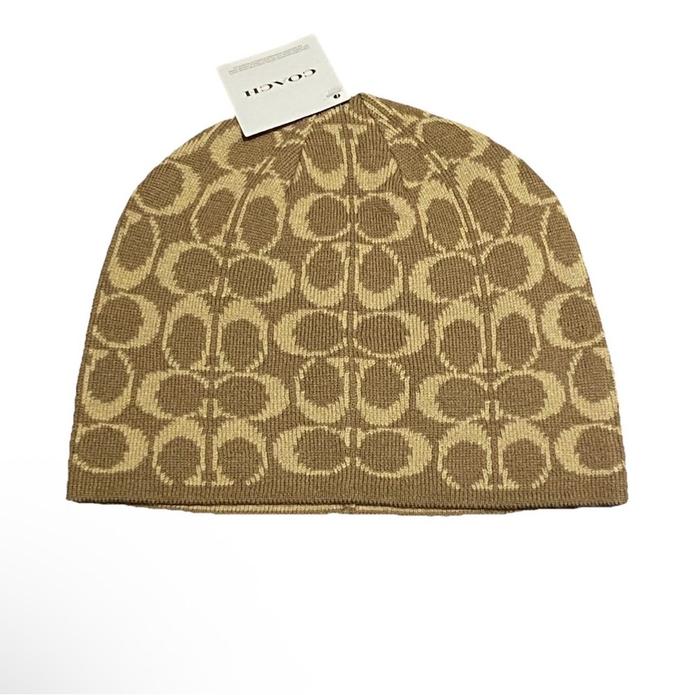 Coach Beige and Brown Knit Beanie